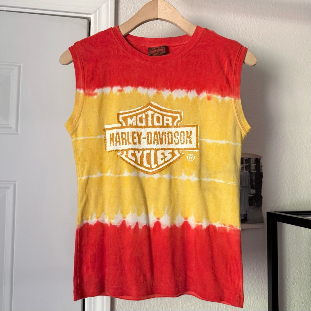 HARLEY DAVIDSON red yellow tie dye logo knit cotton crew neck cropped tank top